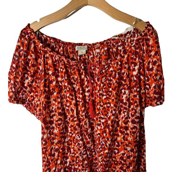 Lucky Brand Plus 1X Red & Orange Animal Print Tie-Neck Off-Shoulder Boho Top - Picture 3 of 9